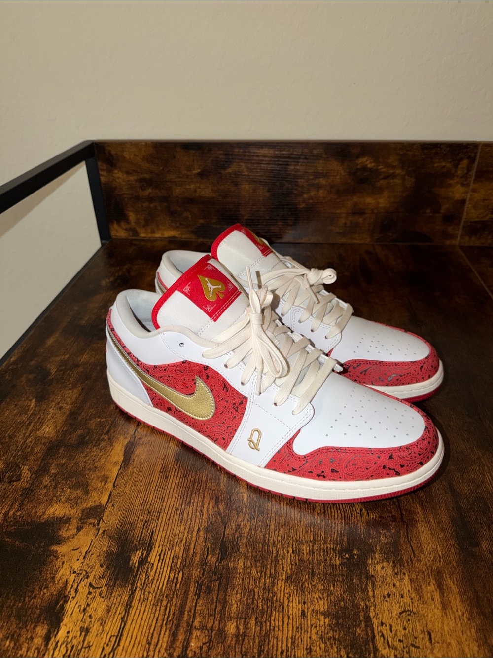 Jordan Low-Top Sneakers in White, Red, and Gold